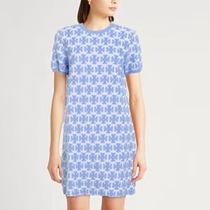 NEW TORY BURCH Logo Bouclé Knit Dress Blue Hydrangea/White Short Sleeve